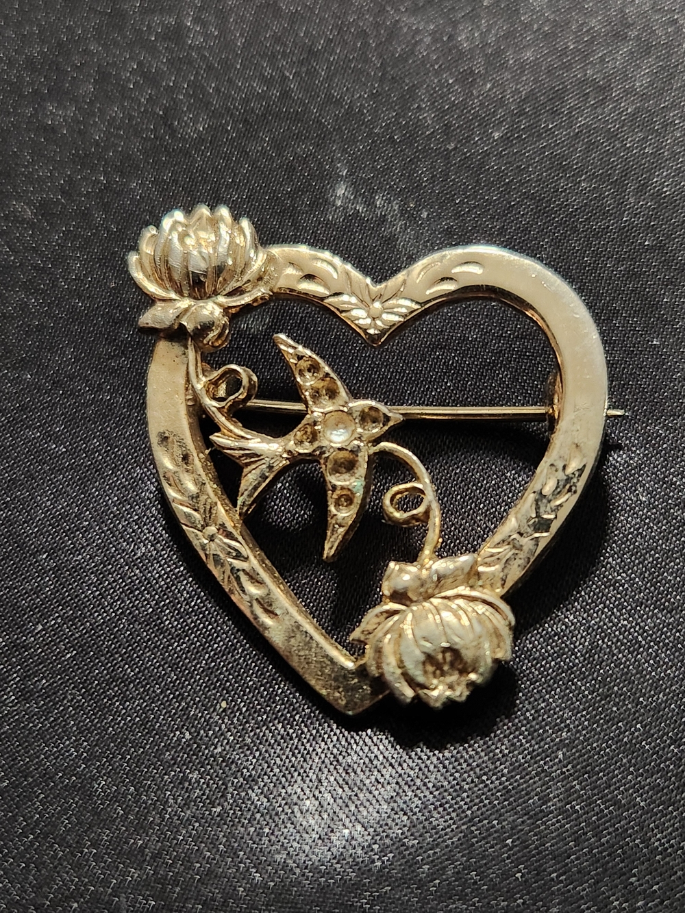 Vintage Gold Tone Heart Brooch | Flying Bird Swallow Floral Frame Pin